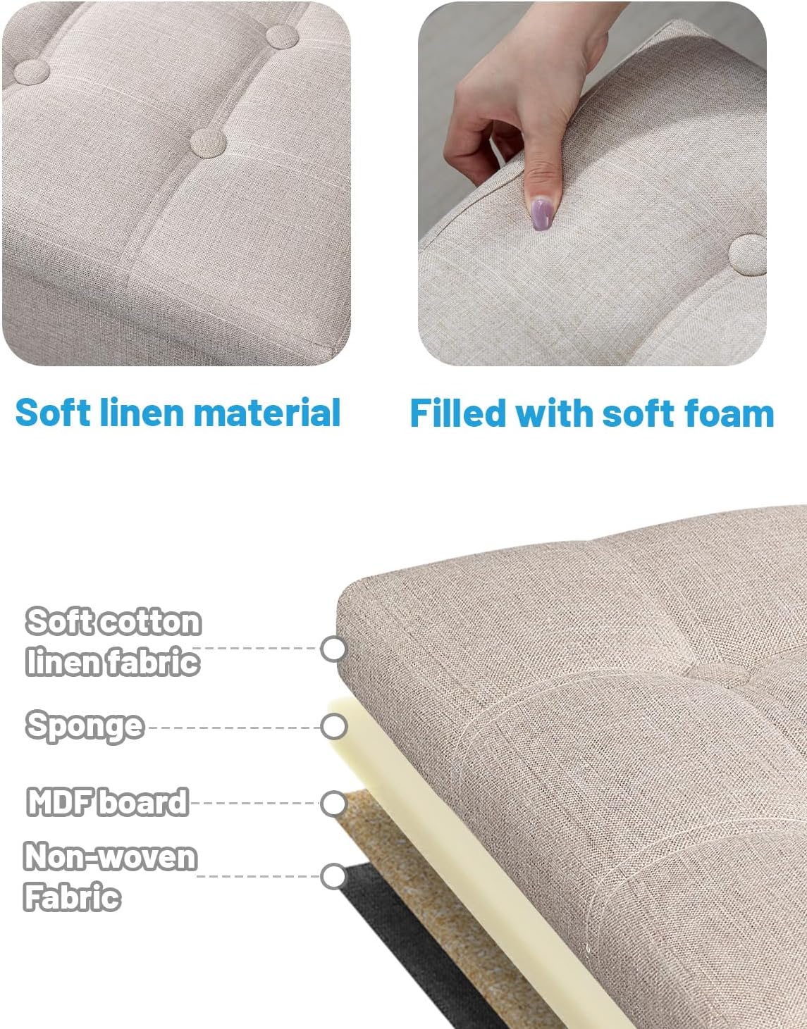 17x17x13 Inches, Bsketa Storage Ottoman Foot Rest, Folding Linen Cotton Ottoman with Storage with Side Pockets