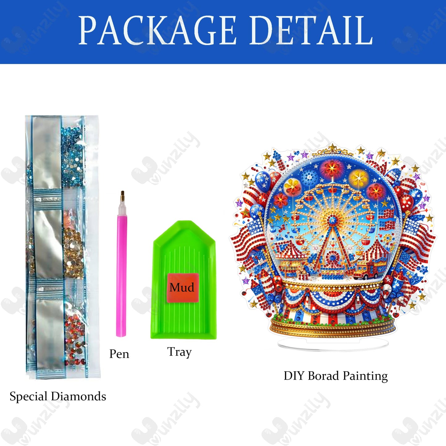 Yunzlly Stand Up Diamond Art Painting Kit, Desktop Gem Painting Ornament Kit for Adults, Tabletop Acrylic Diamond Board Painting (4th of July)