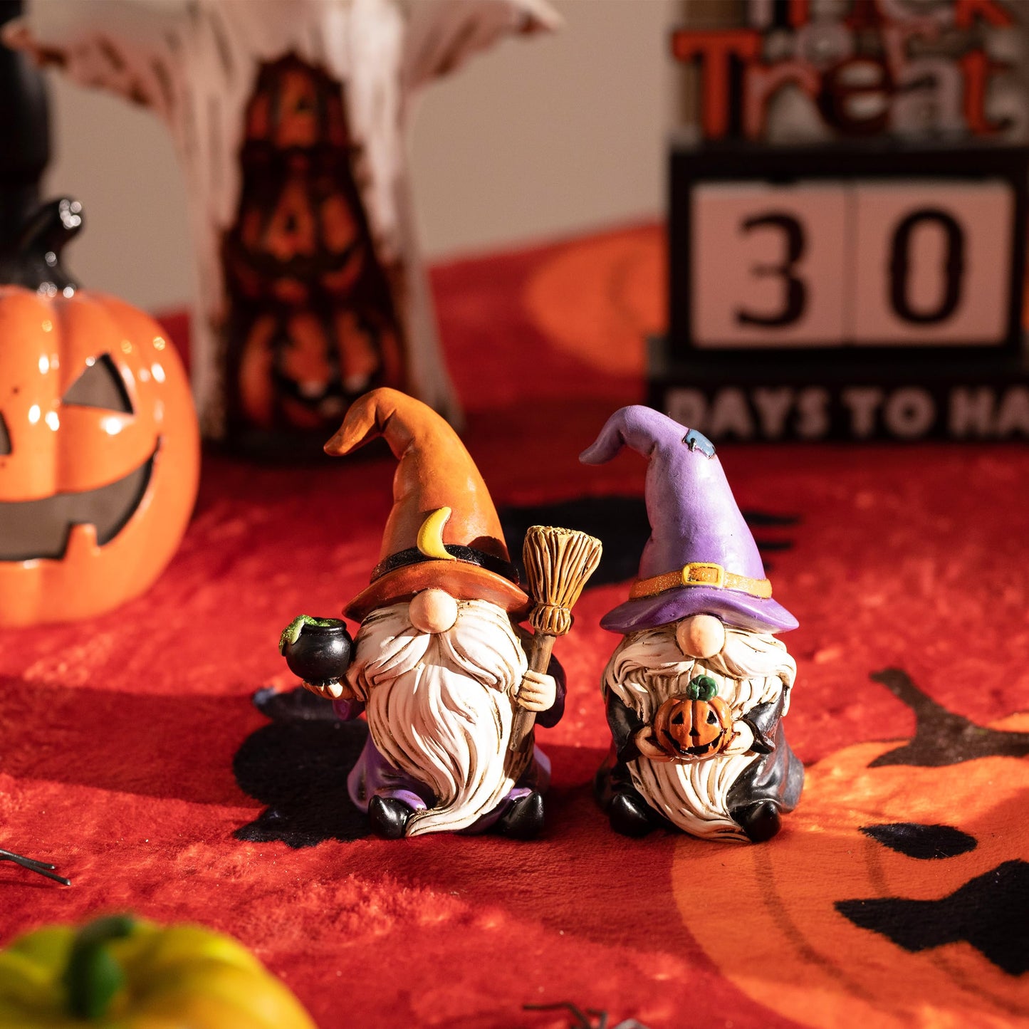 Valery Madelyn Gnomes Halloween Decorations Indoor, 2 Pcs Resin Gnome Decor for Home with Witch Hat Broom Jack O Lantern Moon, Halloween Figurines Elf Dwarf for Table Tiered Tray Outdoor, 3.6"