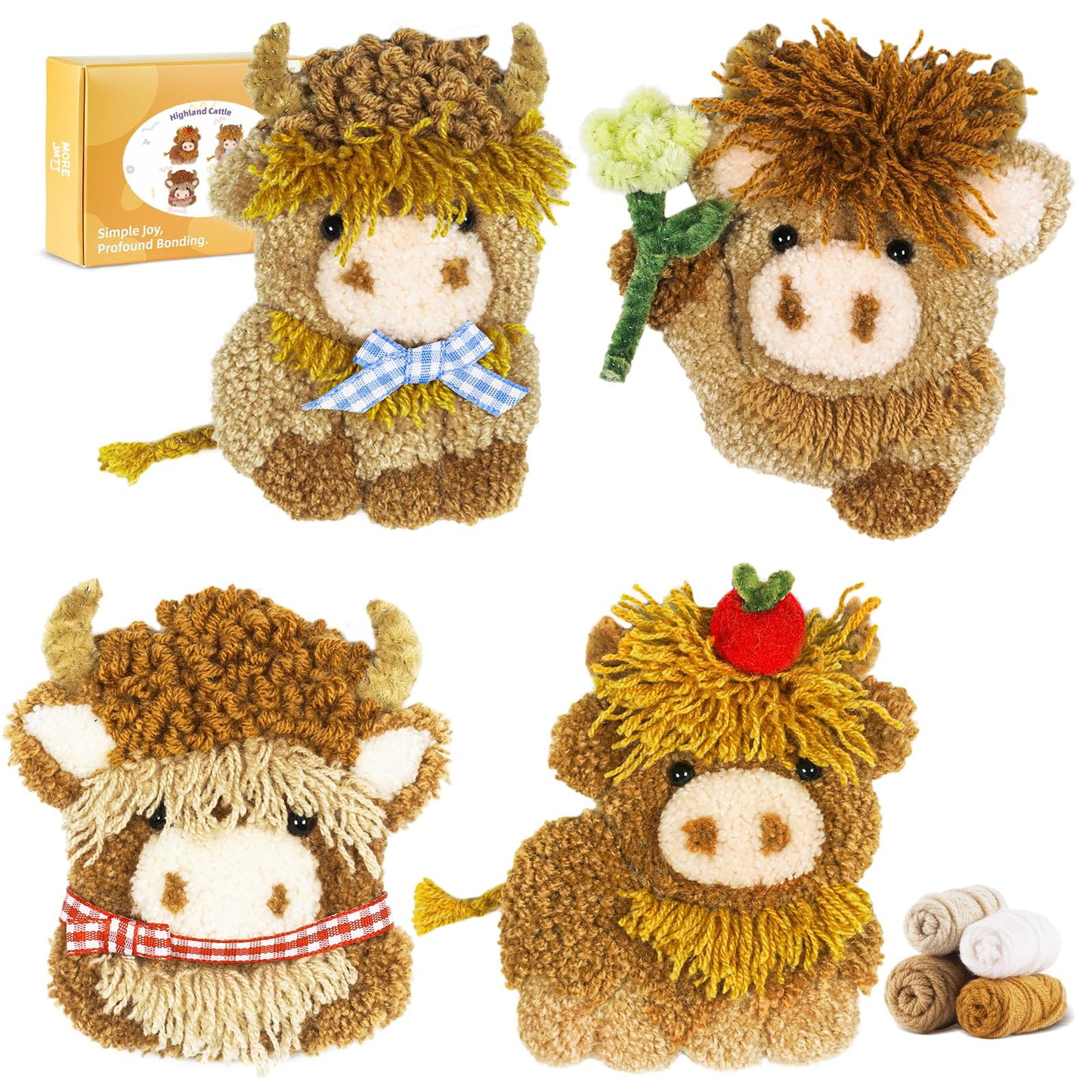 Punch Needle kit-4,Embroidery kit for Beginners,Punch Needle Kits Adults Beginner,Needles, Curved Scissors, a Tool Storage Box, Yarn, Easy-to-Follow Instructions, and Tutorial Videos(4 Highland Cow)
