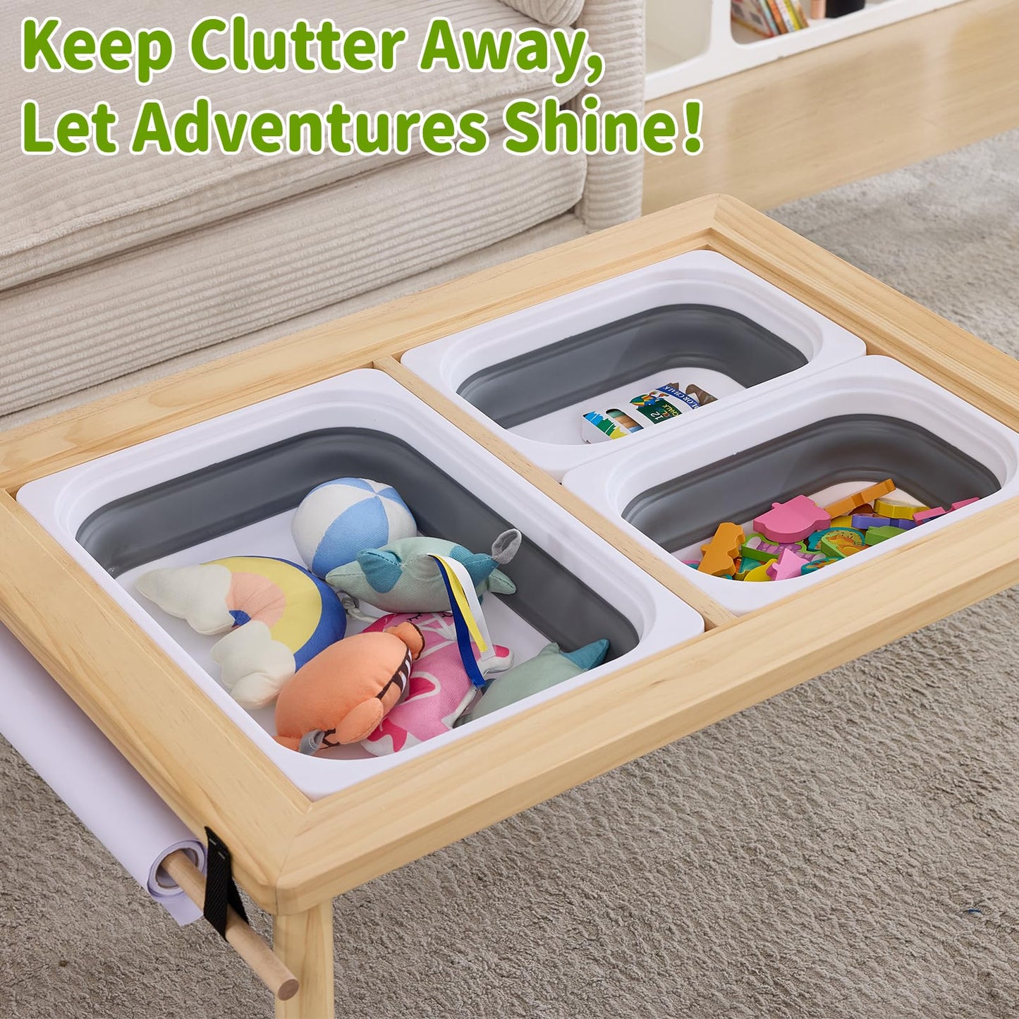 WOOD CITY Sensory Table for Toddlers Kids, Wooden Activity Table for Play Study Paper Roll Holder Indoor/Outdoor Montessori Play Sand and Water Table with Foldable Toys Storage Bins
