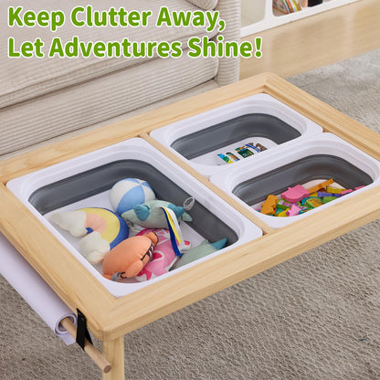 WOOD CITY Sensory Table for Toddlers Kids, Wooden Activity Table for Play Study Paper Roll Holder Indoor/Outdoor Montessori Play Sand and Water Table with Foldable Toys Storage Bins