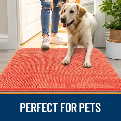 OLANLY Dog Door Mat - Absorbent Non-Slip Chenille Mat for Muddy Paws | 50x30 Coral Indoor Entryway Carpet