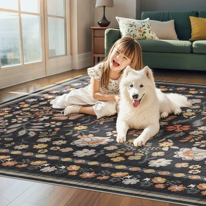 UERMEI Runner Rug for Hallways Kitchen: 2x6 Washable Area Rug Boho Floral Soft Long Rug - Non-Slip Low Pile Throw Indoor Carpet for Entryway Kitchen Bedroom Laundry Bathroom - Black Grey