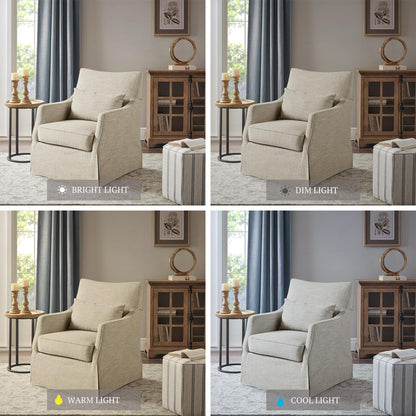 Martha Stewart London Swivel Chair - Solid Wood & Plywood, Skirted Metal Base Accent Armchair, Lumbar Pillow -Modern Classic Family Room Sofa Furniture Bedroom Lounge, 28"X31.5"X35.25", Beige Multi