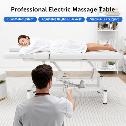 Dolonm 2 Motors Electric Massage Table, Hydraulic Electric Lift Adjustable Backrest and Height Lifting for Treatment, Physical Therapy, Spinal Massage, Facial Spa, Waxing, Tattooing - White