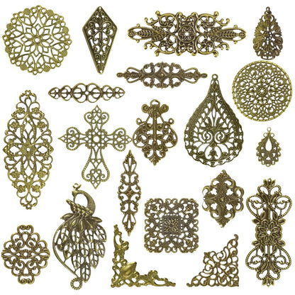 Mililanyo 120 Pieces Antique Bronze Filigree Charms Mixed Tibetan Metal Pendant Links Iron On for Jewelry Making Choker Earring DIY Accessories