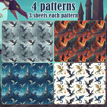 12 Sheets Magic Dragon Wrapping Papers, Cool Dragon Gift Wrap Papers with Castle Volcano, Fantasy Gift Packing Paper Art Paper for Boys Girls Birthday Baby Shower Magical Party Decor, 28 x 20IN