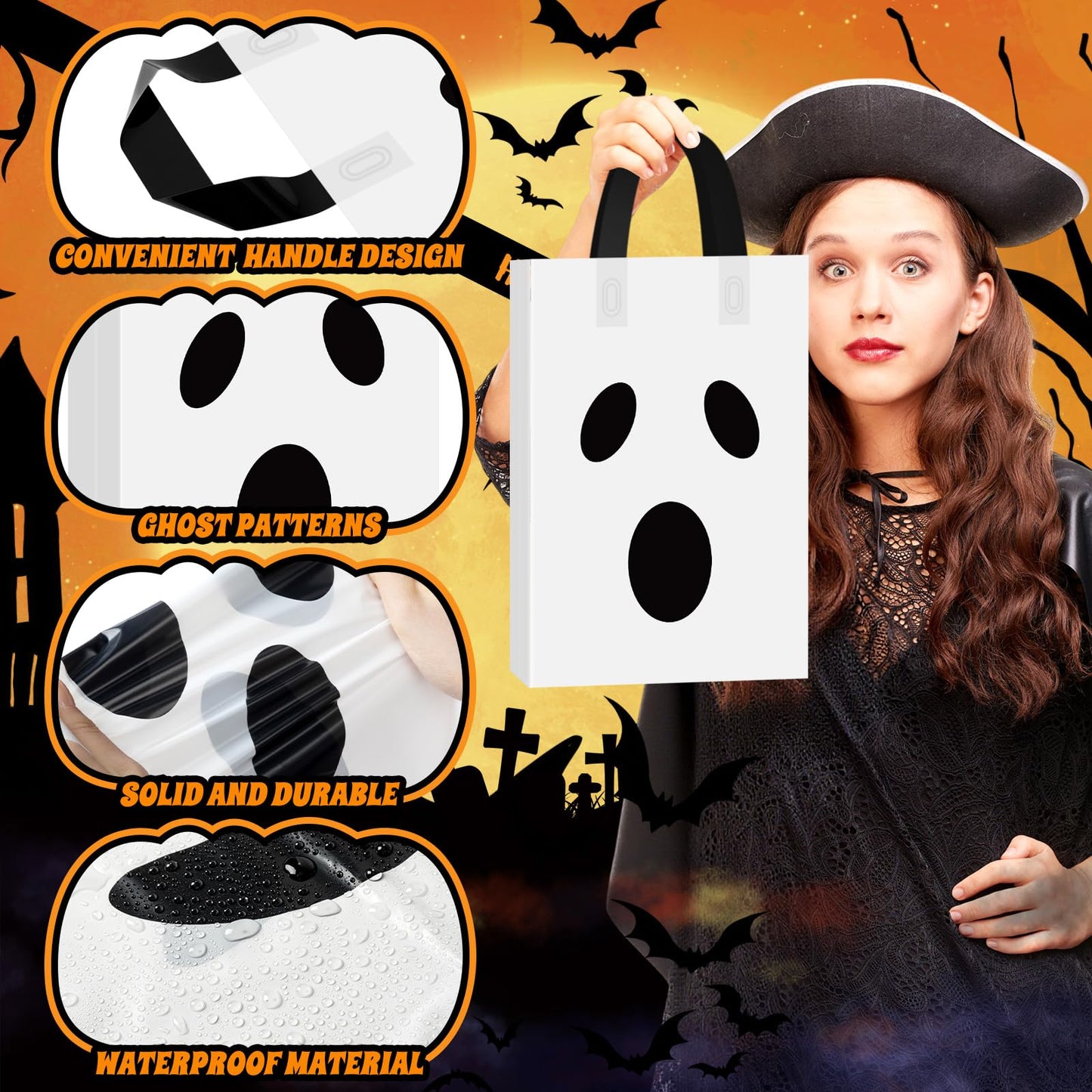 Gersoniel 100 Pieces Halloween Plastic Gift Bags with Handle Treat or Trick Ghost Tote Bags Candy Goodie Bag for Home Treat or Trick Halloween Party Favor Supplies Decoration