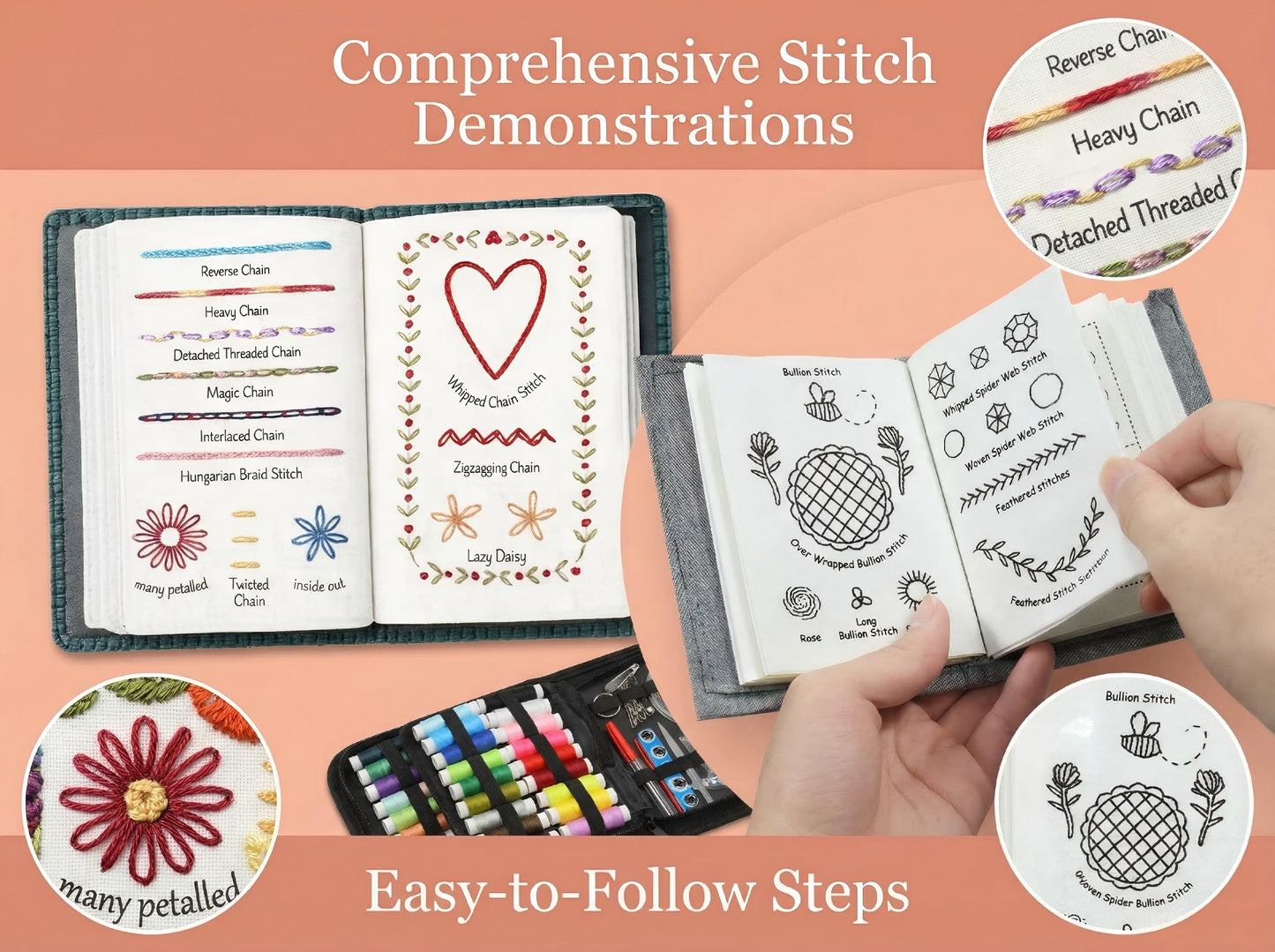 INDCOLOR 2026 Upgraded Embroidery Stitch Book Kit, 106 Patterns with Tools & Tutorials, 86 PCS Beginner Embroidery Kit, Portable All-in-One Hand Embroidery Book for Adults & DIY Craft Lovers