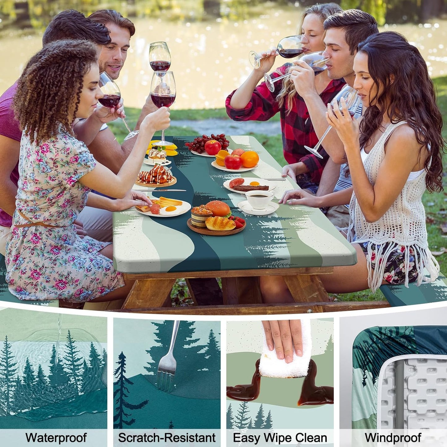 Picnic Table Cover with Bench Covers Camping Tablecloth with Storage Bag Windproof Waterproof Picnic Table Covers