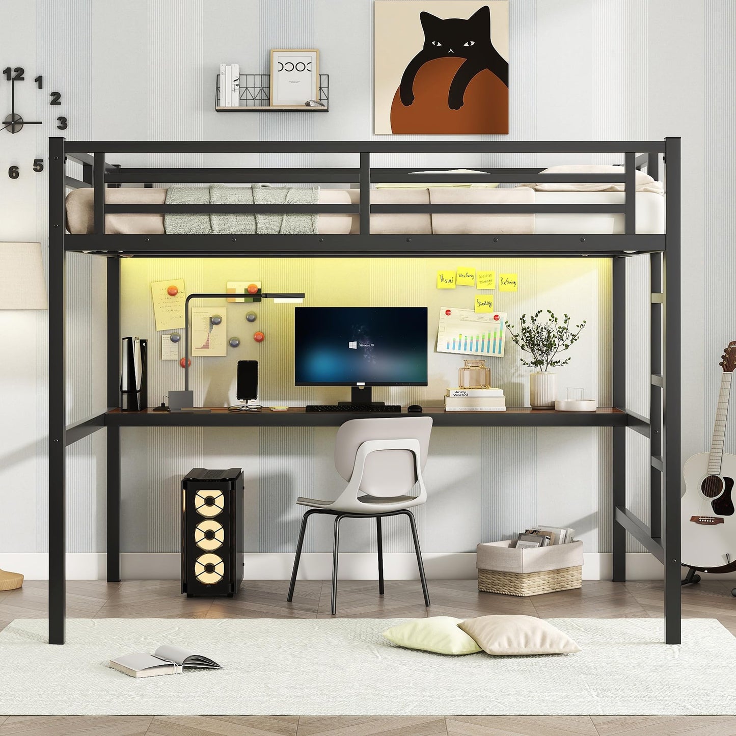 Bellemave Metal Full Size Loft Bed with Desk and Charging Station,Heavy Duty Loft Bed Frame with LED Lights and USB for Kids,Teens,Adults,Full Size,Black