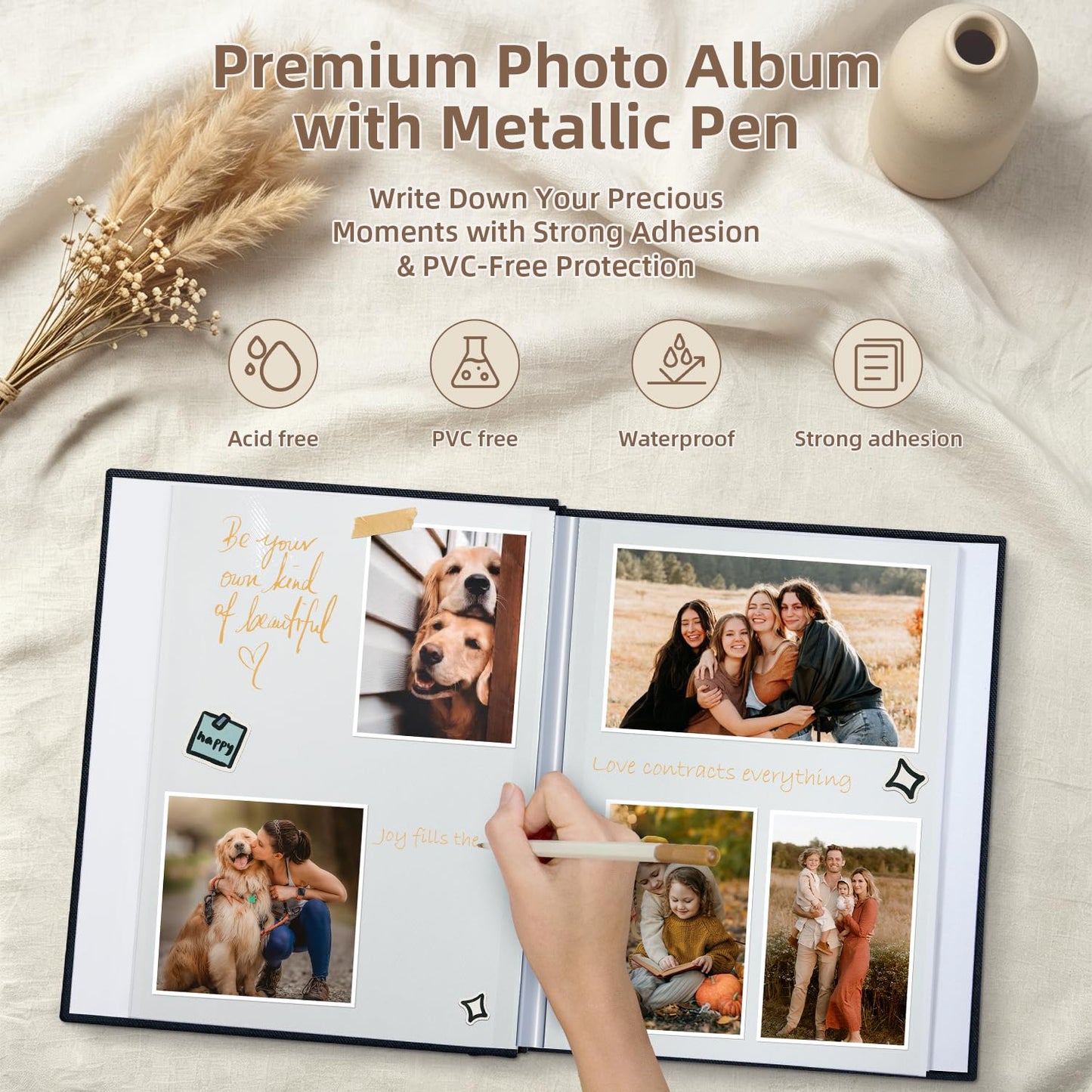 Popotop Photo Album Self Adhesive with Picture Display Window,40 Pages DIY Scrapbooking Supplies Kit for 4x6 8x10 Picture,Linen Cover Memory Book for Baby Wedding, with Scraper and Metallic Pen