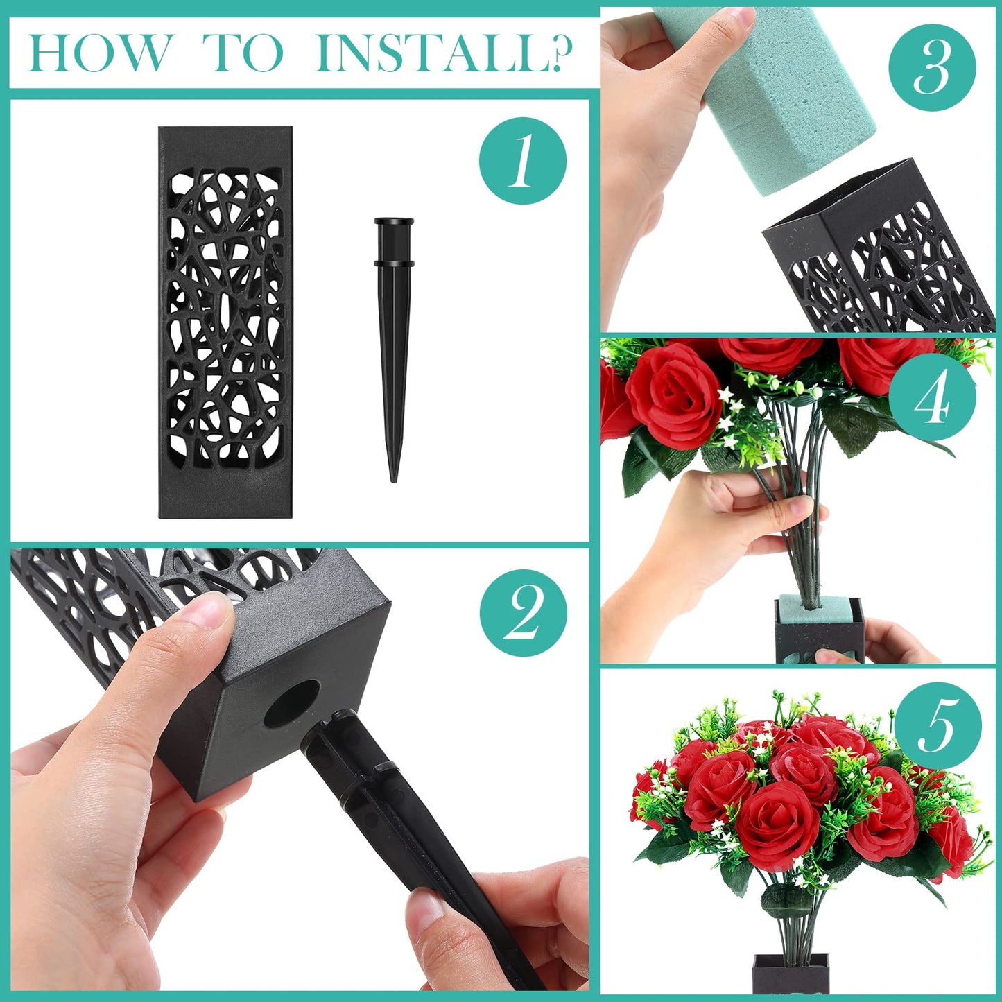 Yahenda 2 Sets Artificial Cemetery Flowers 36 Heads Rose with 2 Grave Markers Flower Holder Vase with Drainage Hole Long Spikes and 2 Floral Foam Blocks for Outdoor Memorials (Red)