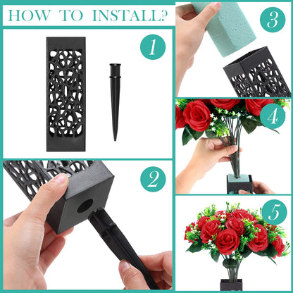 Yahenda 2 Sets Artificial Cemetery Flowers 36 Heads Rose with 2 Grave Markers Flower Holder Vase with Drainage Hole Long Spikes and 2 Floral Foam Blocks for Outdoor Memorials (Red)