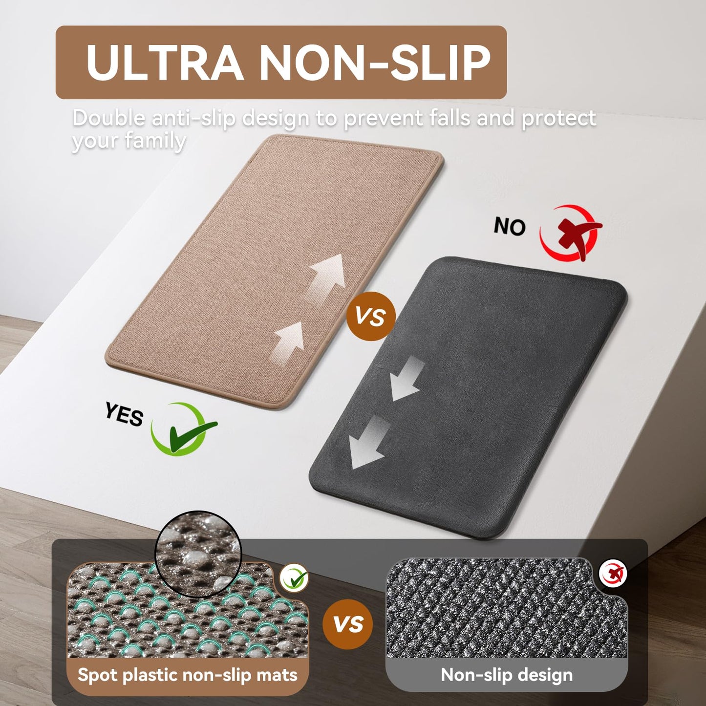 YDKGL Kitchen Mat Kitchen Rugs Sets of 2 PCS Non Slip Washable, Linen-Like 0.3" Thick Cushioned Absorbent Kitchen Mats for Floor, Mild Anti-Fatigue Sink Laundry Standing Mat, Brown 17"x30"+17"x59"
