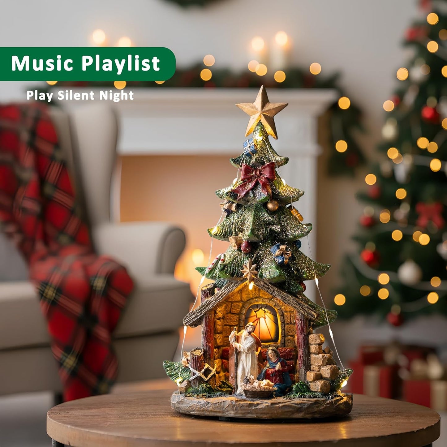 12'' VISFLAIR Christmas Tree Lighted Manger Nativity Scene, Musical Holy Family Collectible Buildings Figurines LED