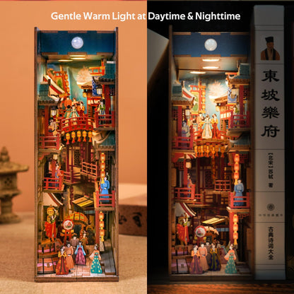Tonecheer DIY Book Nook Kit for Adults, 3D Wooden Puzzle Bookend Bookshelf Insert Decor, Chinese Booknook Miniature House Kit with Body Motion Sensor LED Light (The Banquet of Tang Dynasty)