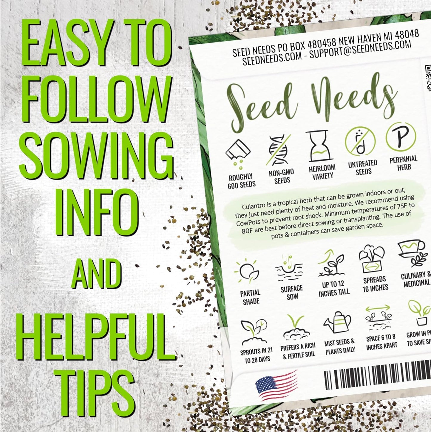 (1 Pack) Seed Needs Culantro Seeds for Planting Mexican Coriander - Non-GMO Heirloom & Untreated Culinary/Medicinal