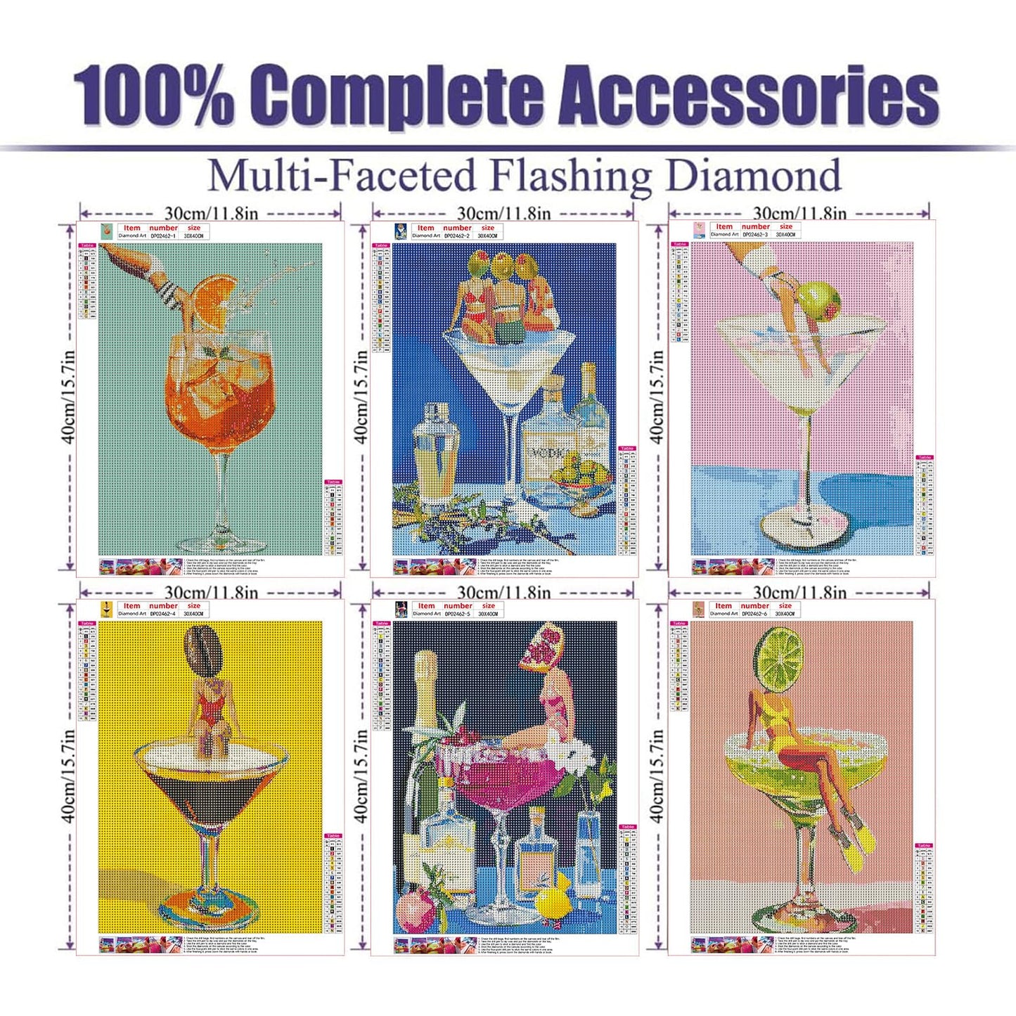 GOUOYANA Diamond Painting Kits for Adults-6 Pack, Cocktail Adult 5D Diamond Art Kits for Beginner Cocktail DIY Full Drill Diamond Dots Crystal Craft Kits for Home Wall Decor Gifts(6 Pack/12X16 Inch)