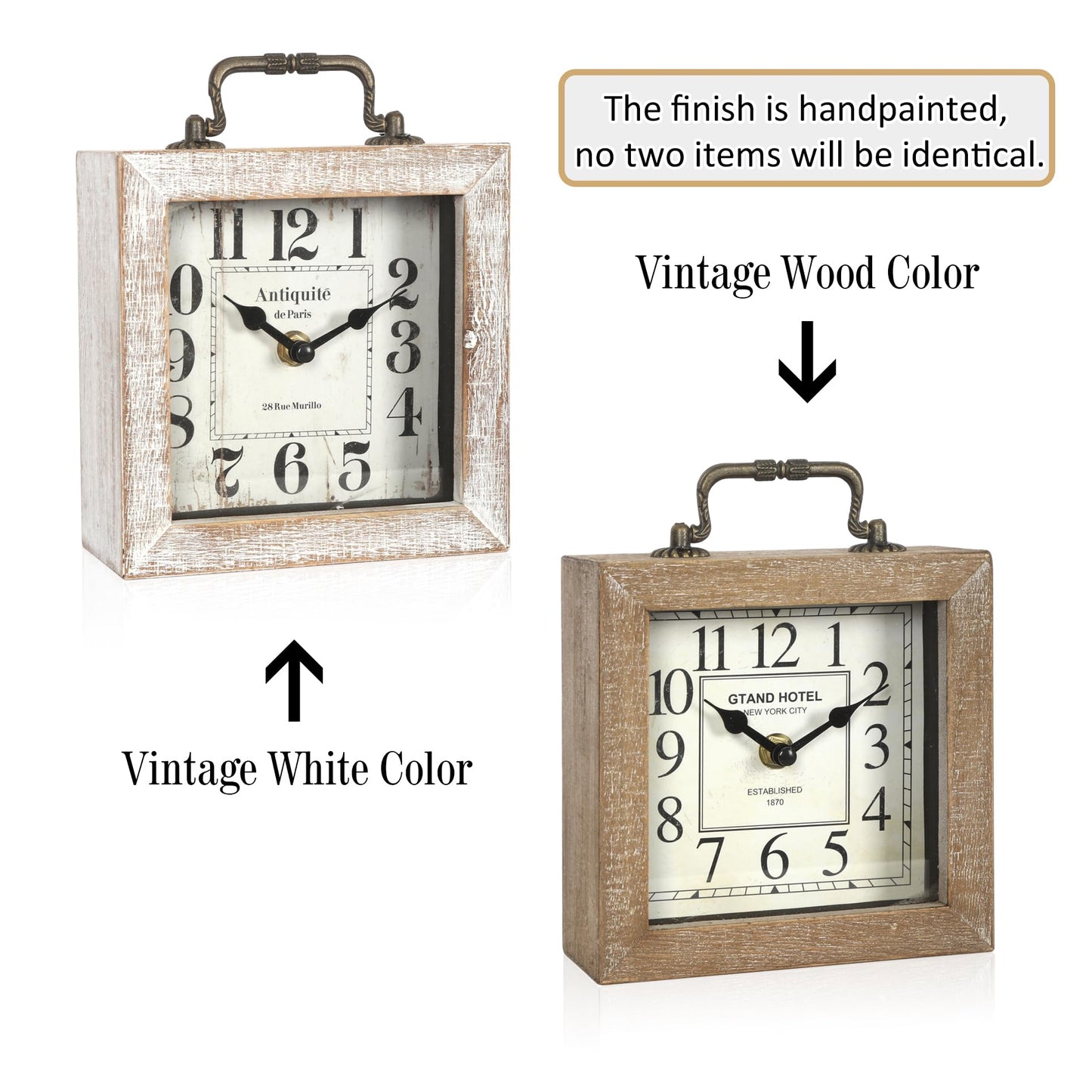 BITALYE Retro Desk Clock, White Vintage Wooden Table Clock,