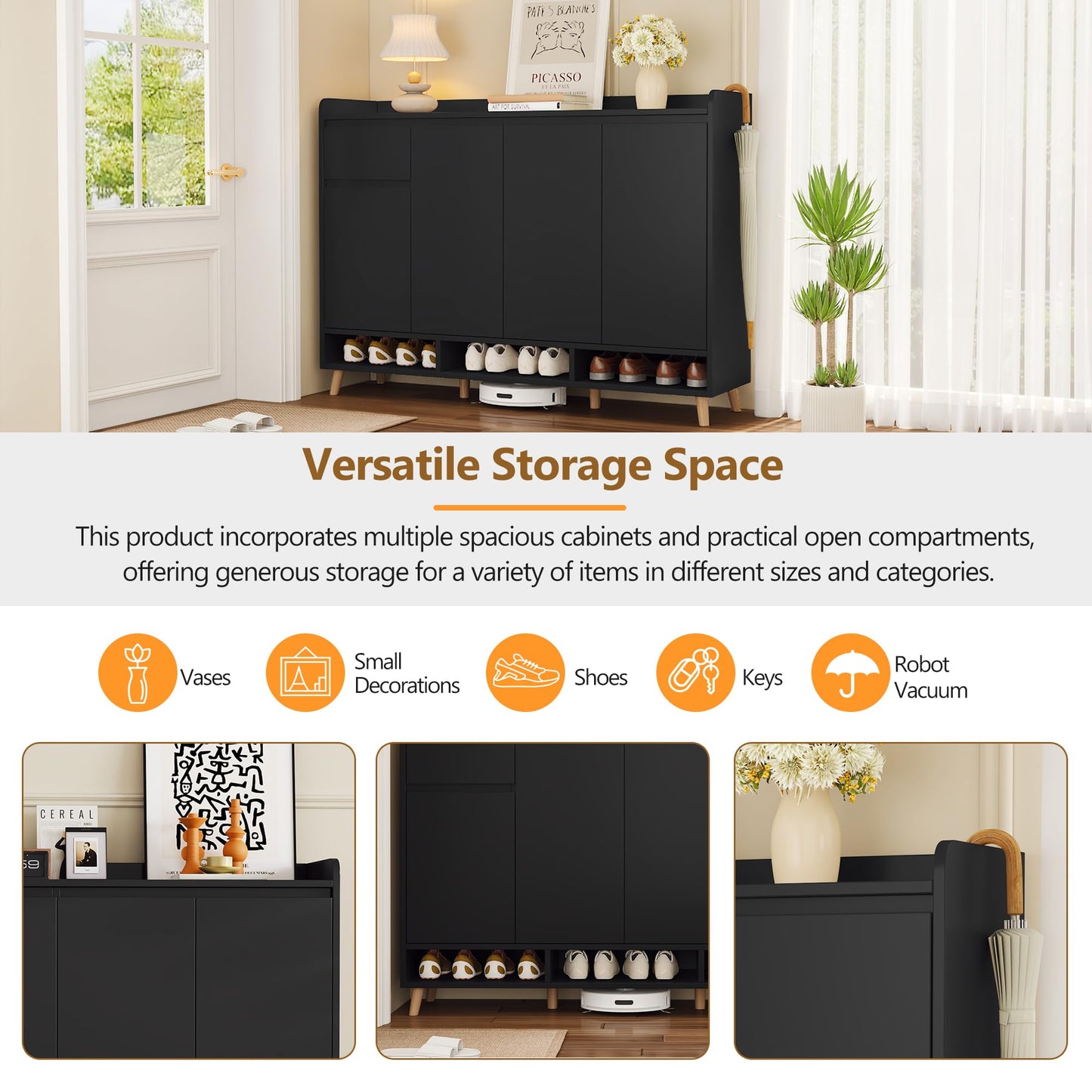 Ball & Cast 55" Modern Shoe Cabinet with Doors and Drawer, Freestanding Shoes Rack with Solid Wood Legs & Adjustable Shelf, Storage Sideboard for Entryway,Living Room,Hallway,Bedroom Black
