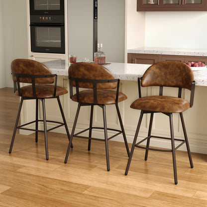BFZ 26" Bar Stools Set of 3, Modern Swivel Counter Height Bar Chairs with Backs and Metal Legs, Faux Leather Upholstered Barstools for Kitchen Island, Dining Room