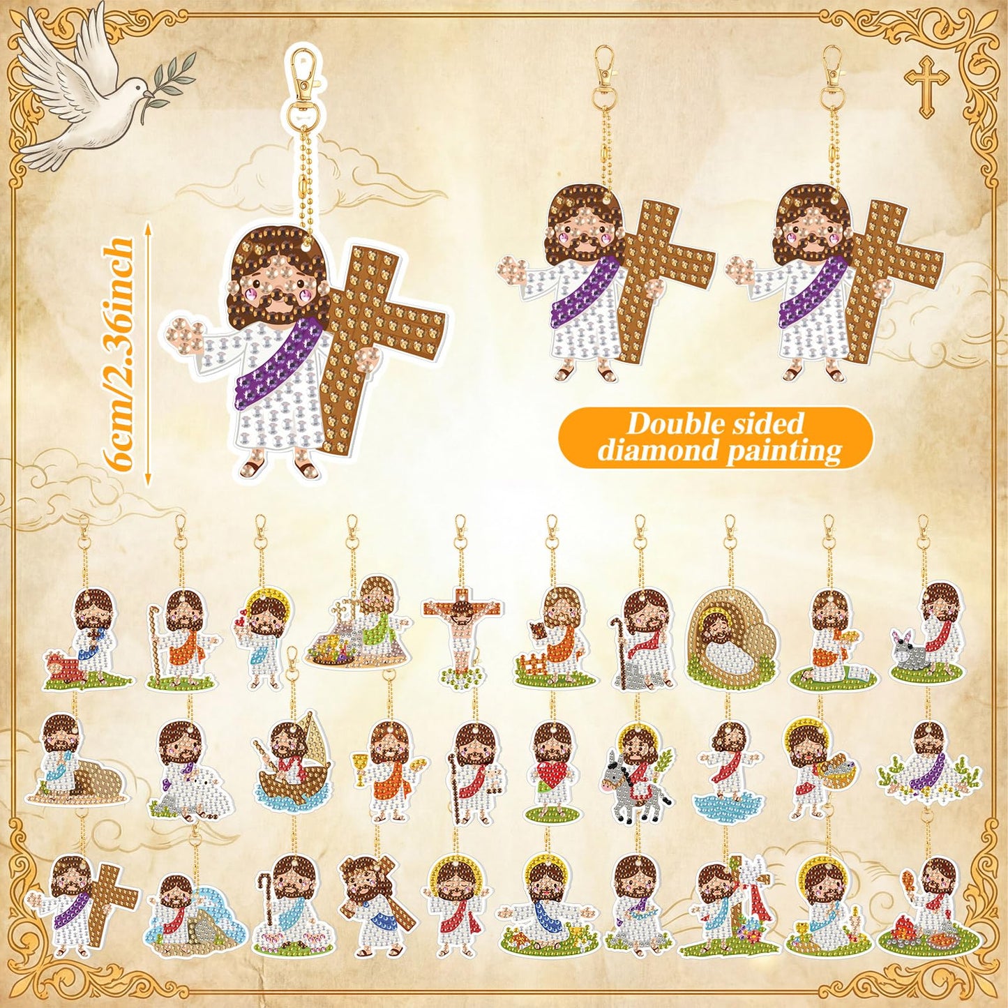 WILLBOND 30 Pcs Mini Jesus Diamond Art Keychain Kits for Adults Christian Jesus Diamond Painting Keychains Double Sided DIY Religious Cross Keyrings for Church Catholic Sunday Easter Beginners Gifts