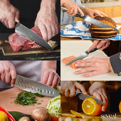 Seveat Damascus Kitchen Knife Set | 67-Layer Damascus Steel | Professional Japanese Chef Knife Set | Ergonomic Wood & Resin Handle | Gift Box Included (Black, 5-Piece Set)