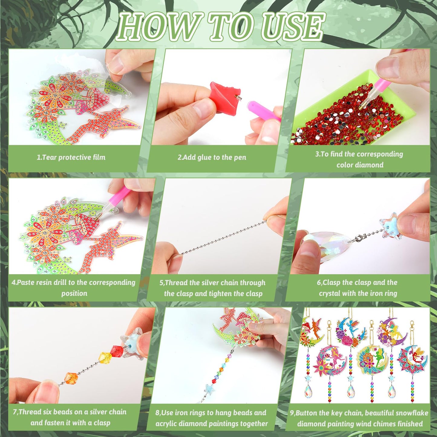 Tradder 6 Pcs Diamond Painting Wind Chimes Spring Diamond Painting Kit Double Sided Elf Ornaments with Crystal Pendant 5D Diamond Art for Spring Home Garden Hanging Ornament