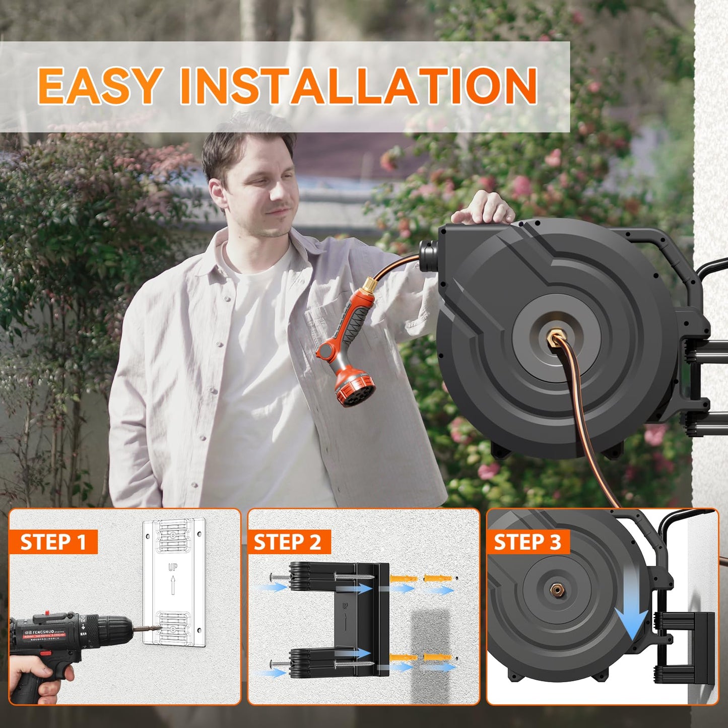 NEOTEC Retractable Garden Hose Reel 5/8 inch x 90ft - Wall Mounted Heavy Duty Hose Reel with 3/4 Inch Brass Fittings & 9-Pattern Nozzle - Auto Rewind System, Any Length Lock, 180° Swivel Bracket