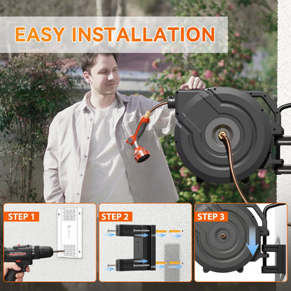 NEOTEC Retractable Garden Hose Reel 5/8 inch x 90ft - Wall Mounted Heavy Duty Hose Reel with 3/4 Inch Brass Fittings & 9-Pattern Nozzle - Auto Rewind System, Any Length Lock, 180° Swivel Bracket