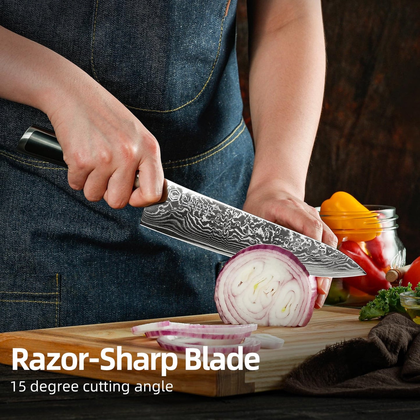 Sunnecko 8 Inch Japanese Damascus Chef Knife - Ultra Sharp 10-12 Degree Edge VG10 67 Layers Kitchen Cooking Knives for Meat, Vegetable & Fruit, Full Tang Forged Blade, Premium Father Day Gift Box