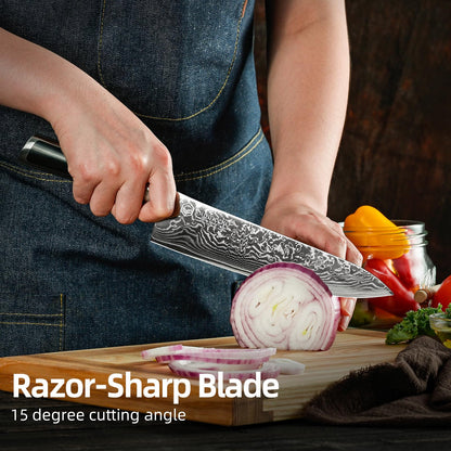 Sunnecko 8 Inch Japanese Damascus Chef Knife - Ultra Sharp 10-12 Degree Edge VG10 67 Layers Kitchen Cooking Knives for Meat, Vegetable & Fruit, Full Tang Forged Blade, Premium Father Day Gift Box