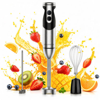 MegaWise Hand Blender, Immersion Blender Handheld 12-Speed with 80% Sharper Blades, Titanium Reinforced Stainless Steel 3-in-1 Immersion Blender,Includes Whisk and Milk Frother (3-in 1 Black)