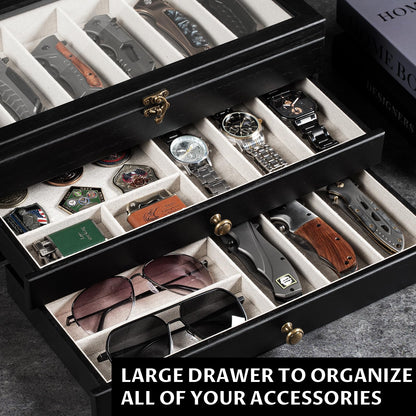 Yoimori Knife Display Case, 3-Layer Pocket Knife Case Display & Storage Knives, Solid Wood Knife Case for Collections, Gift for Boyfriend Fathers Day Birthday Gifts(Black)