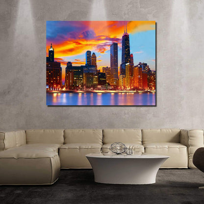 Canvas Wall Art - Chicago Skyline at Dusk, Modern Gallery Decor, Stretched and Framed 12" x 16"