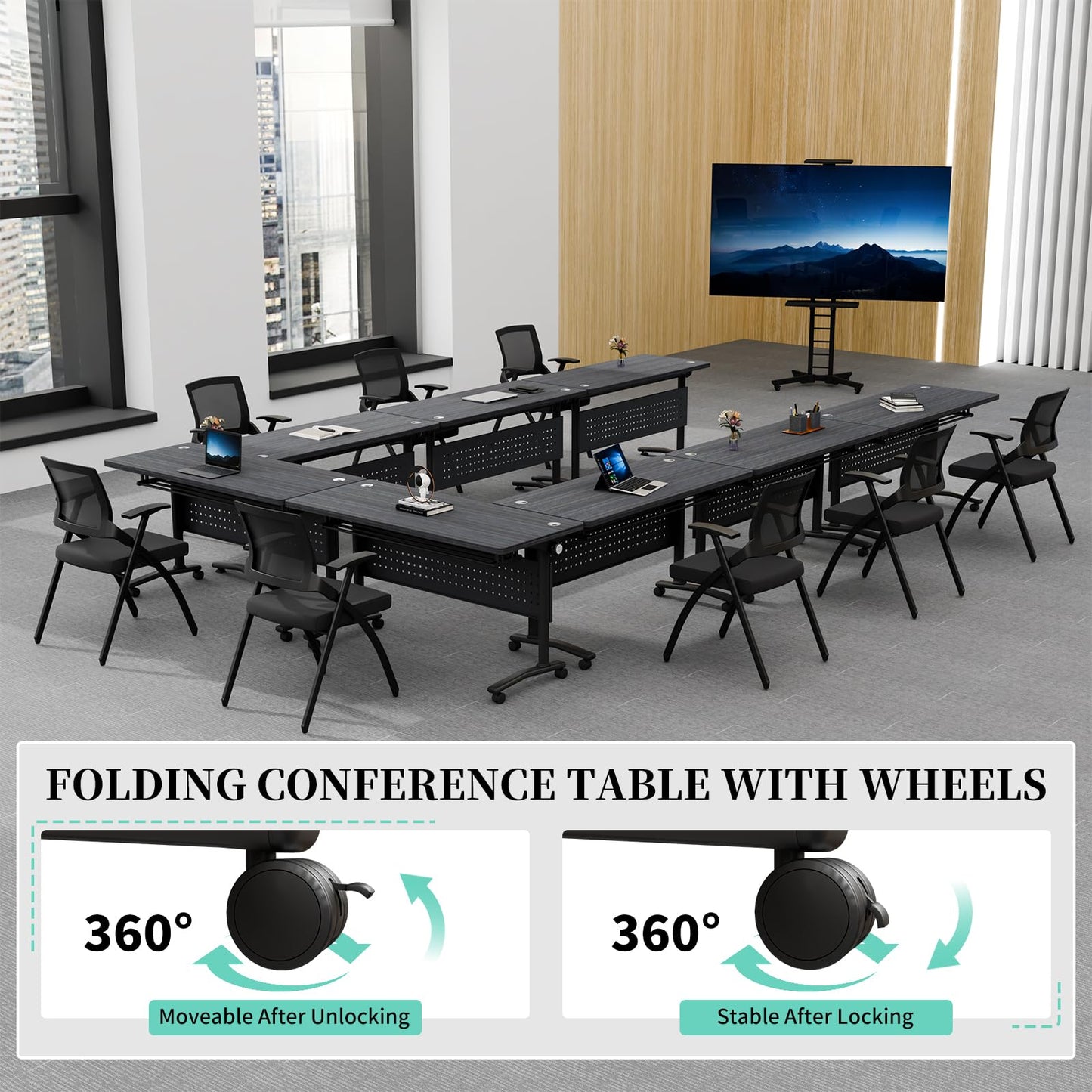 JNMDLAKO Modular Folding Conference Room Table with Wheels & 2 Cable Grommets - 6 Pack Flip Top Mobile Training Table,Modern Meeting Tables 2-30 Person, Black,61"x 19.6"x 29.5"