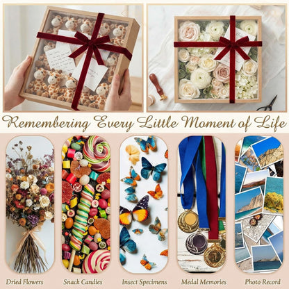BrightRow 12"x12" Wedding Shadow Box Frame Flower Display Case Kit, DIY Wood Color Picture Gift Box with Lid Deep Glass Case Red Velvet Ribbon for Gift Wrapping Craft Bouquet Flower Keepsake Memory