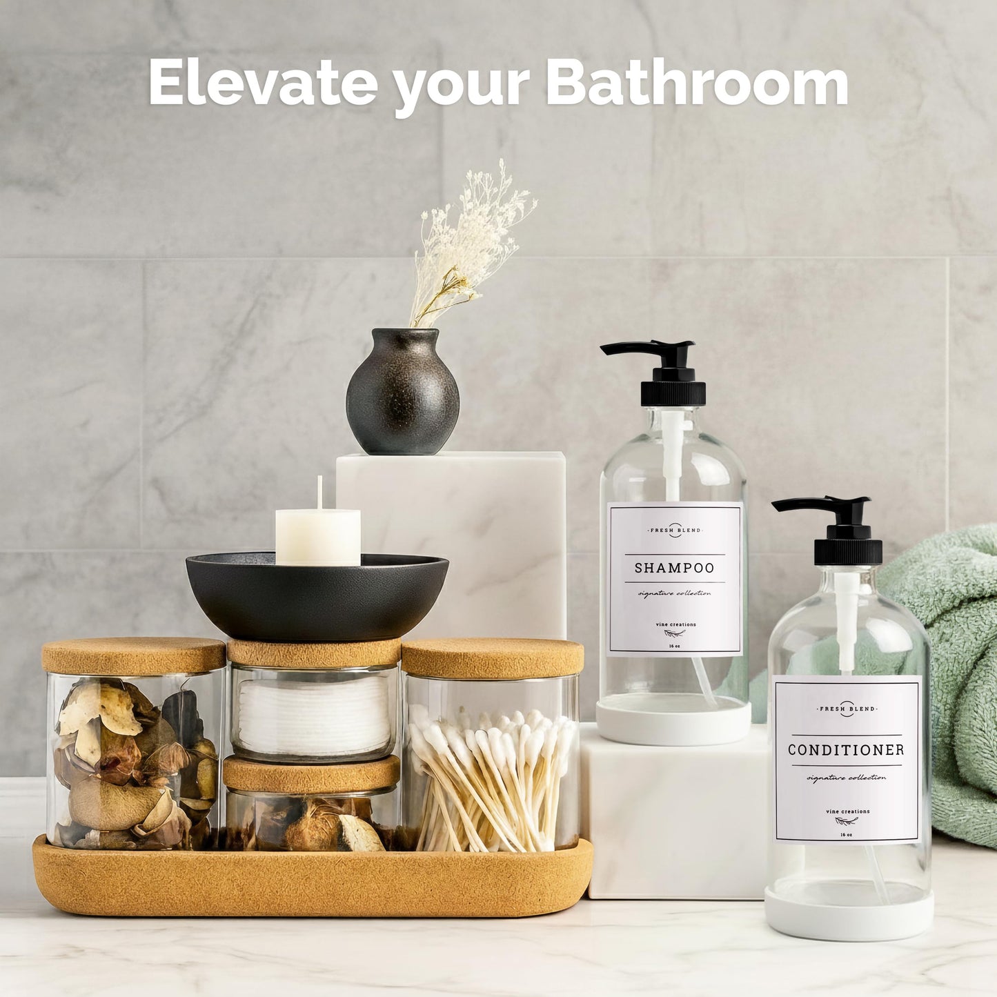 Vine Creations Clear Glass Soap Dispenser, 2 Pack Kitchen Soap Dispenser Set with Rustproof Pump, 16 oz Dish Soap and Hand Soap Dispensers for Bathroom with Waterproof Labels