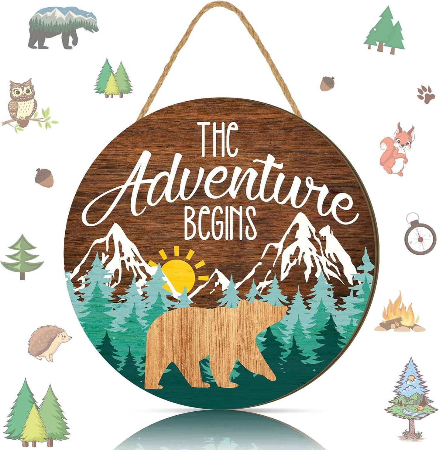 12 12'' Chunful The Adventure Begins Wooden Hanging Sign, x Woodland Nursery Decor, Green Trees Brown Background