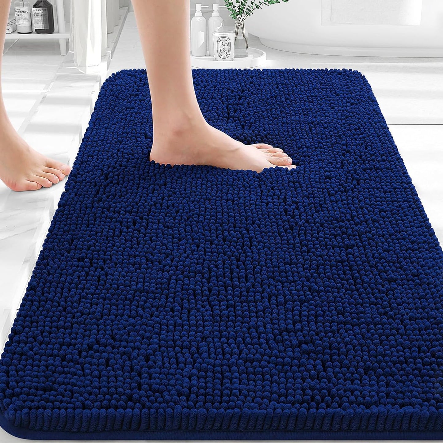 OLANLY Bath Rugs - Extra Soft Chenille, Quick-Dry Rubber Backing, Machine Washable | 32x20 Navy