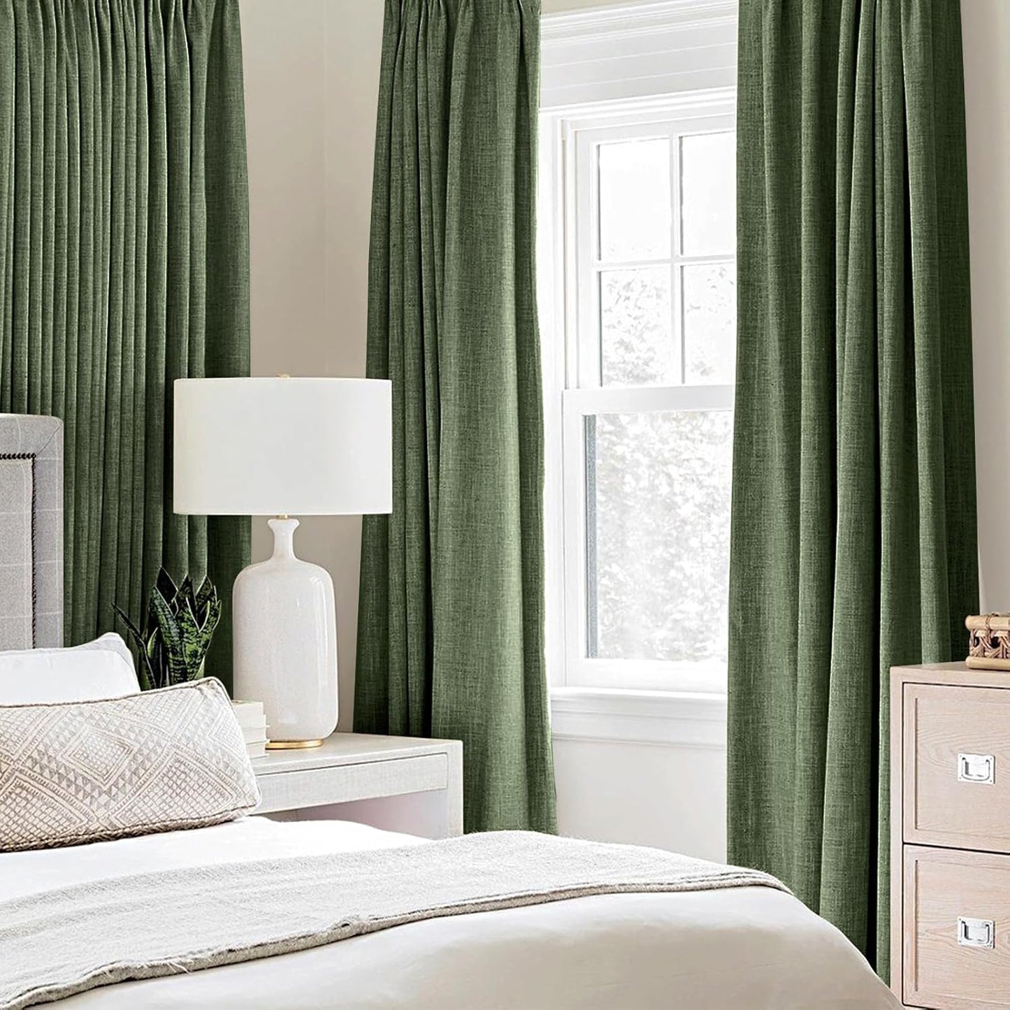 MIULEE 100% Blackout Linen Textured Curtains - Thermal Insulated Olive Green Drapes | 52 x 84 Inch (2 Panels)