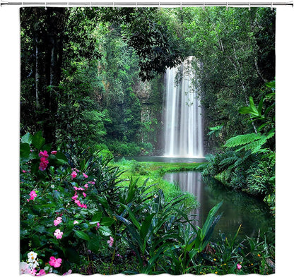 Rainforest Waterfall Shower Curtain Nature Green Forest Flowers Tropical Landscape Bathroom Decor with Hooks