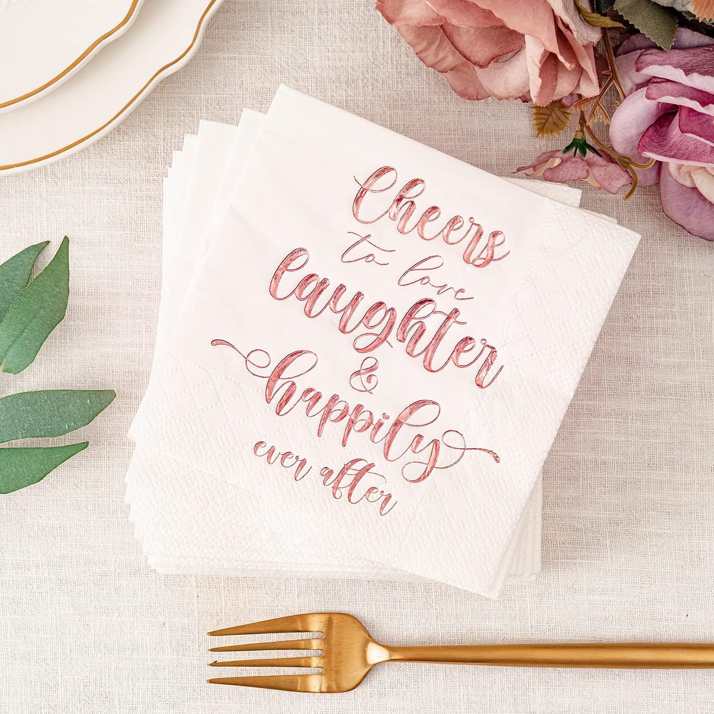 Crisky Bridal Shower Napkins - Rose Gold Happily Ever After Cocktail Beverage Cake Dessert Napkins for Wedding & Bridal