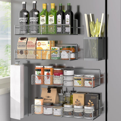 Magnetic Spice Rack for Refrigerator, 6 Pack 100% Metal Strong Magnet Shelf, Space Saving Spice Organizer, Home Kitchen Laundry Room Storage Organization W/ Paper Towel Holder, Utensils Racks (Grey)