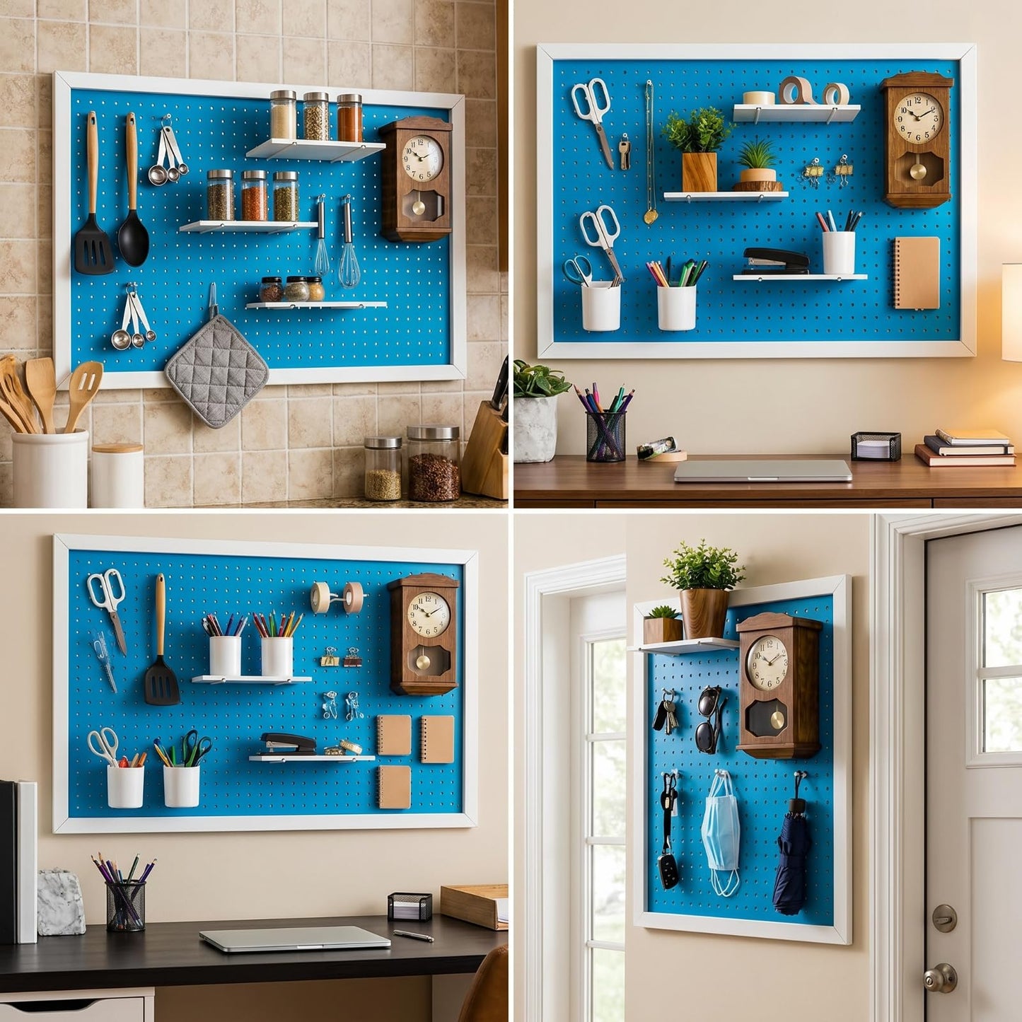 Weysat 36 x 24 Inch Decorative Wood Pegboard Wall Organizer with Frame Large Display Board Kit with 3 Shelves 18 Nails Aesthetic Board Wall Organizer Craft for Room, Office, Sewing (Blue)