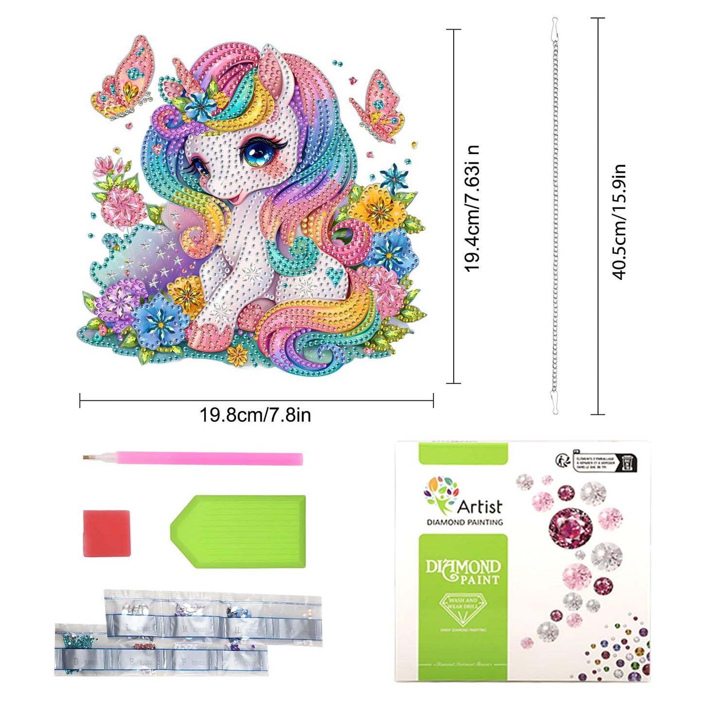 Lxmsja DIY Little Unicorn Diamond Painting Hanging Ornament, Double-Sided Acrylic Rainbow Flowers Diamond Art Kit, Special Shaped Suncatcher Hanging Pendant Window Art Kit