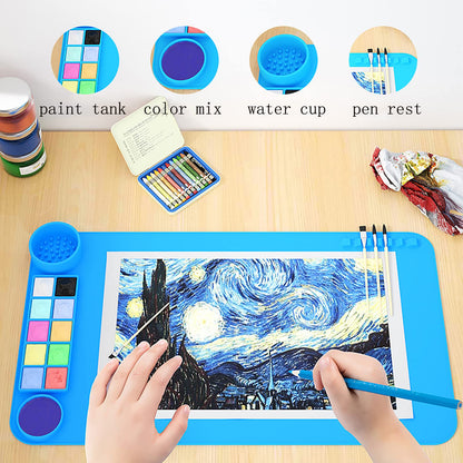 2 Pack Silicone Art Mat with Cup, KJMYYXGS Silicone Painting Mat with Cup, 19.7"x11" Silicone Craft Mat with Cup and Paint Holder Silicone Artist Mat Kids (Pink and Blue)