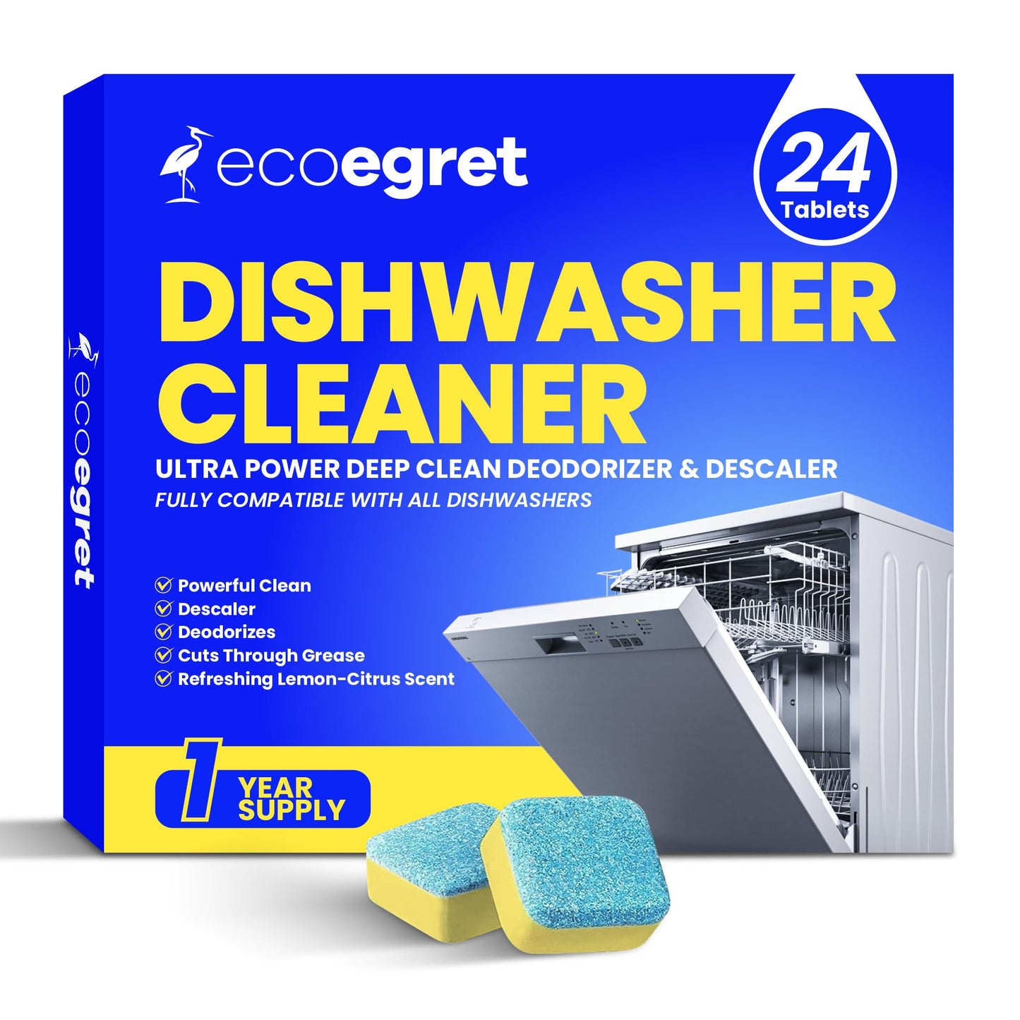 EcoEgret Dishwasher Cleaner Tablets (24 Count) - with Fresh Lemon Scent Dishwasher Cleaner and Deodorizer, Deep Cleans & Descales, Fits All Dishwashers, Septic Safe, 12 Month Supply